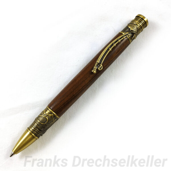 Drehkugelschreiber Modell "Der Angler", Farbe Antik Messing, Holz Ostindischer Palisander