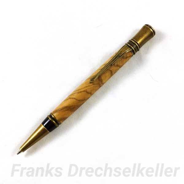 Drehkugelschreiber Modell "Dione", Farbe Antik Messing, Holz Esche Maserknolle