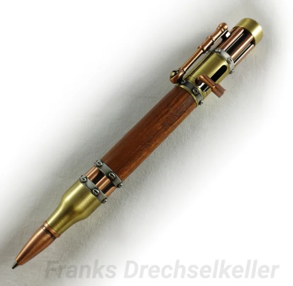 Kugelschreiber mit Bajonettverschluss Modell "Uranus", Farbe Kupfer, Messing, Zinn, Holz Bubinga