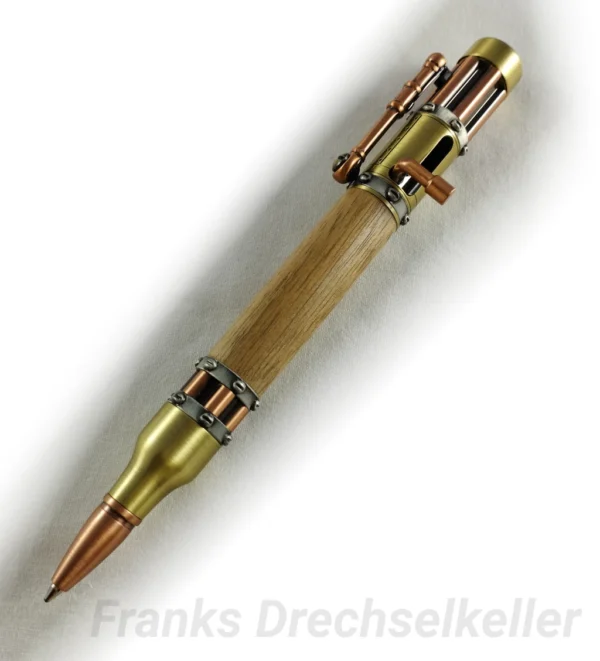 Kugelschreiber mit Bajonettverschluss Modell "Uranus", Farbe Kupfer, Messing, Zinn, Holz Nussbaum