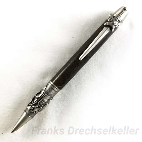 Drehkugelschreiber "Schwert", Farbe Antik Zinn, Holz Zirikote