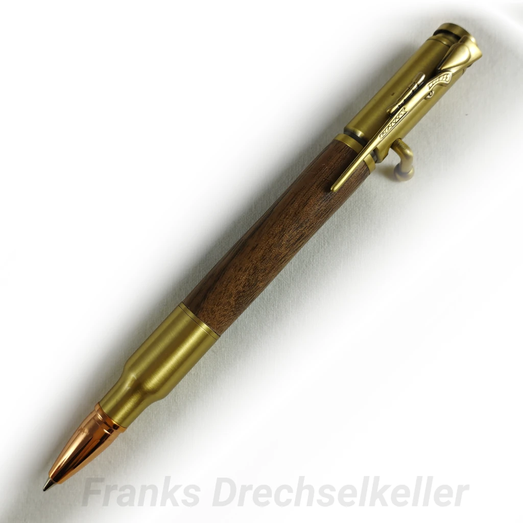 Kugelschreiber mit Bajonettverschluss "Hunter", Farbe Antik Messing, Holz Nussbaum