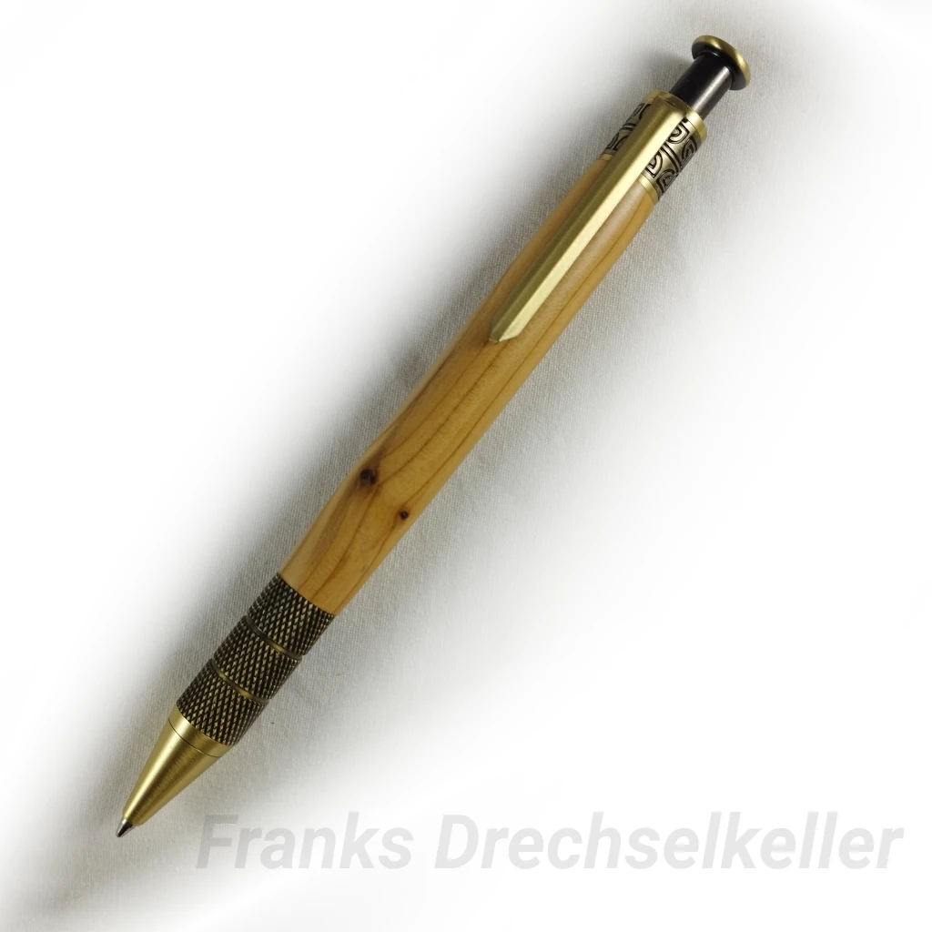 Druckkugelschreiber "Rosetta", Farbe Antik Messing, Holz Eibe