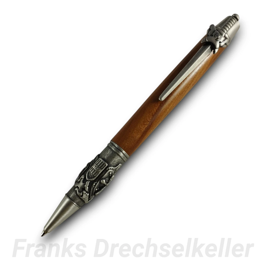 Drehkugelschreiber "Schwert", Farbe Antik Zinn, Holz Zwetschge