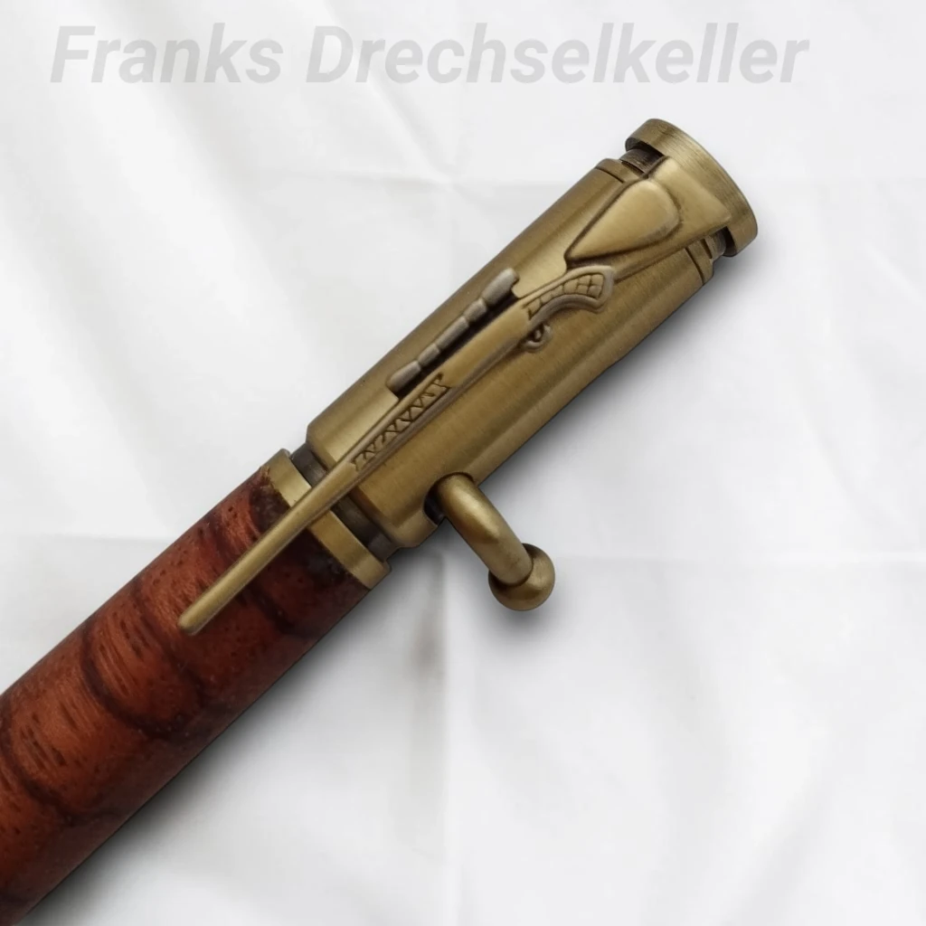 Kuli mit Repetiermechanik "Hunter", Farbe Antik Messing, Holz Ebiara X-Cut – Bild 3
