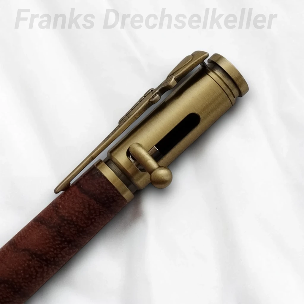 Kuli mit Repetiermechanik "Hunter", Farbe Antik Messing, Holz Ebiara X-Cut – Bild 2